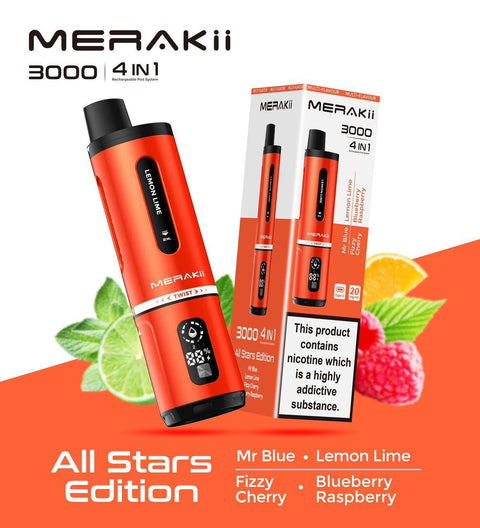 Merakii 3000 Puffs Disposable Vape 4 in 1 Pod System Kit Box of 5 - Vapeshopdistro