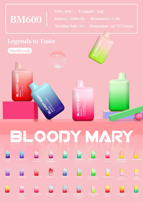 Bloody Mary BM600 Disposable Vape Pod Box of 10-Blue Razz Ice-vapeukwholesale